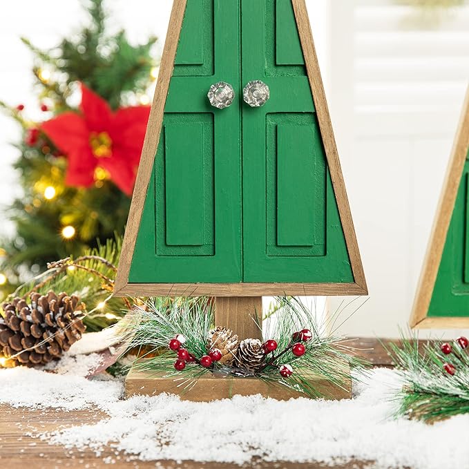 Glitzhome Tabletop Wooden Christmas Tree Set of 2 with Pinecones and Berries for Xmas Holiday Home Decorations, 19" H, Green
