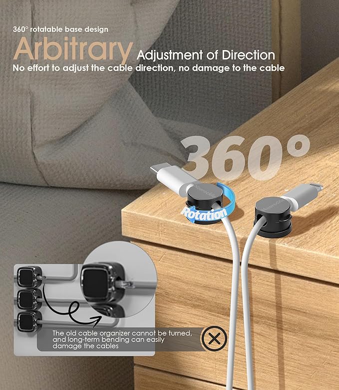 8 Pack Magnetic Cord Organizer [Locking Cable Rotatable] Cable Clips, Nearockle Upgraded Strong Magnetic Cord Holder, Adhesive Wire Keeper Cable Management for Desk,Car,Nightstand,Office,Home(Black)