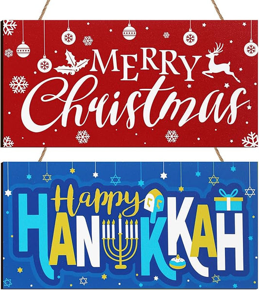 2 Pieces Merry Christmas Sign Hanukkah Blue Hanging Sign Decoration Wooden Hanukkah Door Decorations Xmas Wood Sign with Hanging Rope for Jew Holiday Wall Front Door Porch Decor, 9.84 x 4.72 Inch