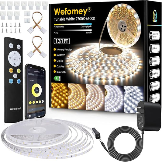 White LED Strip Lights, Dimmable Bright 24V Flexible Tape Light with Remote and App Control, UL-Listed Power Supply, 2700K-6500K White Lights for Bedroom (1 Rolls of 131ft)