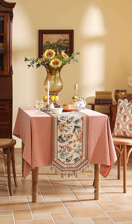 Vintage Small Linen Table Runner,Floral Table Runners 63 Inches Long,Soft and Luxury Tablerunner.Decoration Tabletop for Kitchen,Dining,Party,Home,Christmas,12"*63"