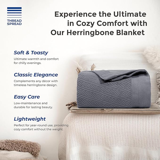 THREAD SPREAD Organic GOTS Certified Cotton Blanket, Twin/Twin XL - 350 GSM, Antistatic, Fuzzy Soft, Lightweight, Sofa, Camping & Travel, All-Season Herringbone Throw, Dark Gray with Free Tote Bag