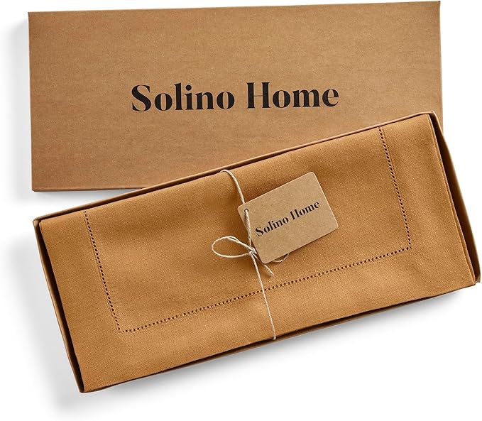Solino Home Linen Table Runner 60 Inches - 100% Pure Linen Brown Sugar Hemstitch Table Runner 14 x 60 Inch Ideal for Dresser and Coffee Tables - Fall, Thanksgiving - Classic Hemstitch