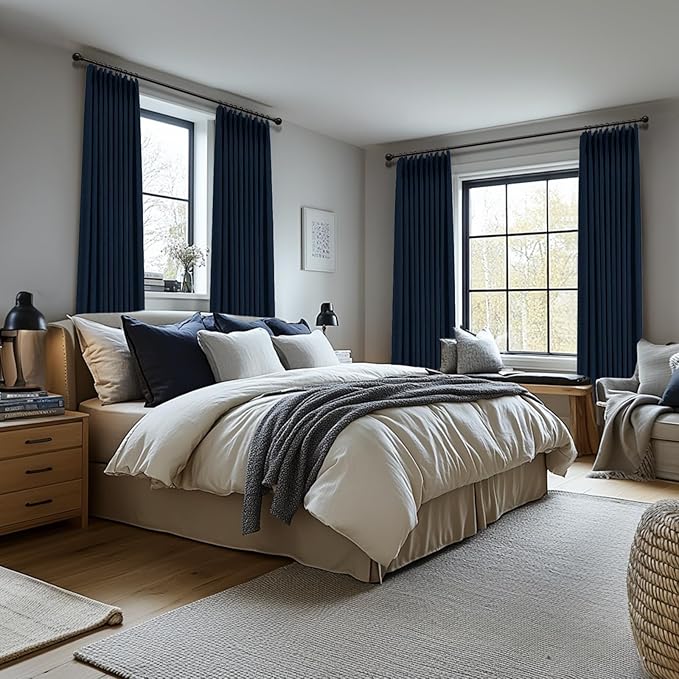 100% Blackout Shield Linen Look Textured Pinch Pleated Curtains Blackout Drapes 102 Inch Long 2 Panels Set, Faux Linen Blackout Curtains for Bedroom & Living Room, 40" W x 102" L, Midnight Blue