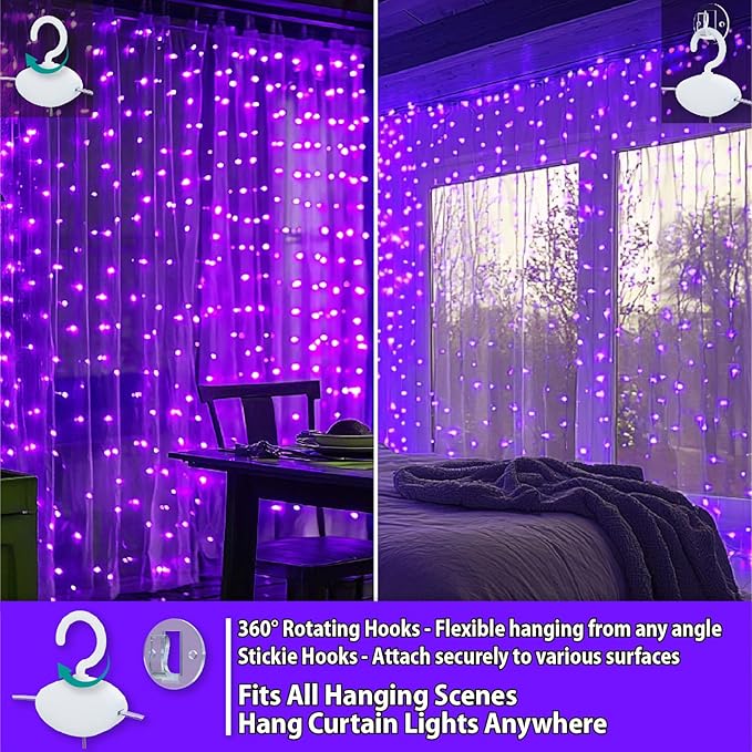 HXWEIYE 300LED Fairy Curtain Lights, 9.8x9.8Ft Purple USB Plug in 8 Modes Timer Christmas String Hanging Lights with Remote for Bedroom Backdrop Wedding Party Home Wall Garden Outdoor Indoor Decor