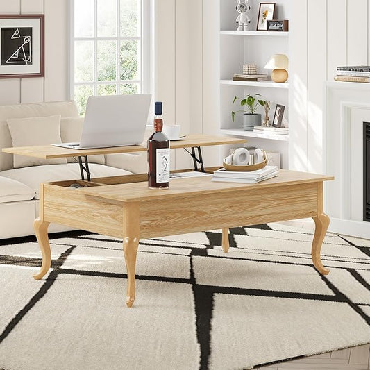 Lift Top Coffee Table, Farmhouse Coffee Table with Hidden Storage, Wood Center Table Dining Table for Living Room, Apartment, Home Office (Natural)