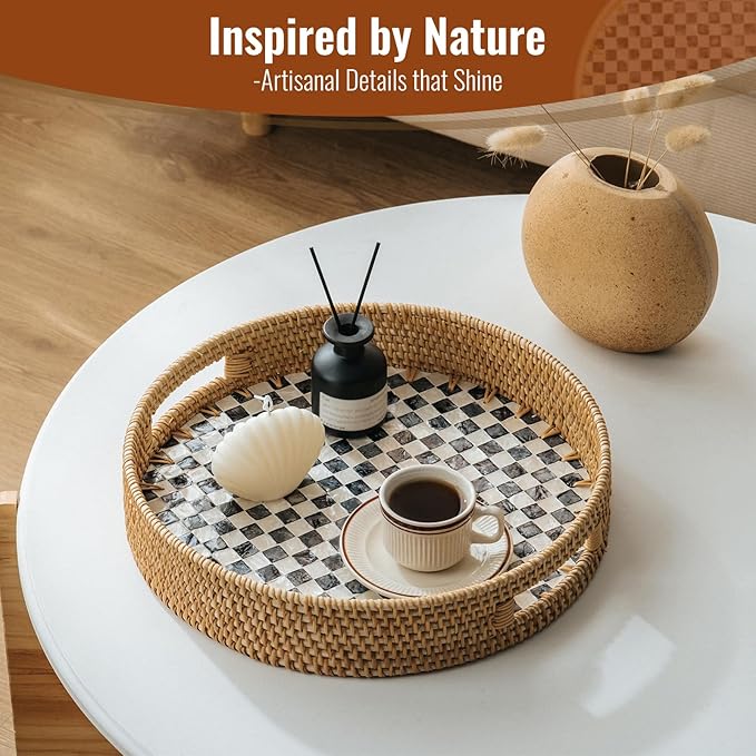 13.8 in Round Rattan Serving Tray with Handle, Mother of Pearl Tray Wooden Base, Decorative Wicker for Table, Kitchen Island & Home Decor (Black Checkerboard)