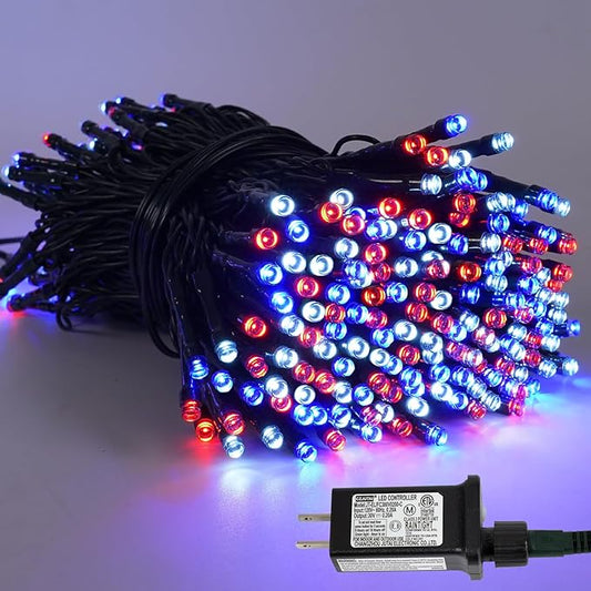 YEGUO 4th of July Decorations Red White and Blue Lights, 66ft 200 LED String Light Plug in with 8 Modes Memory for Patriotic Independence Memorial Day Decor