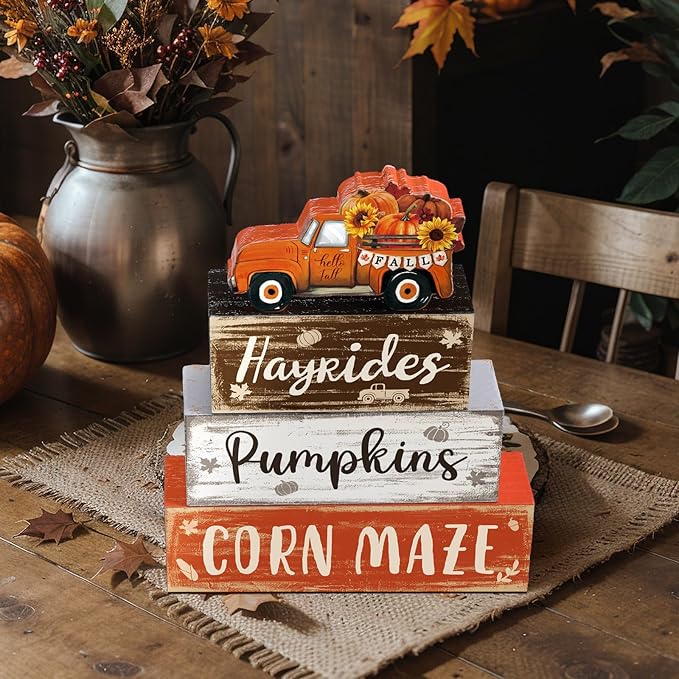 4 Pcs Fall Decor for Home Truck Pumpkin Wooden Signs with Sayings Autumn Thanksgiving Tiered Tray Decor Fall Hay Ride Tabletop Centerpiece Corn Maze Block Signs for Office Kitchen Shelf