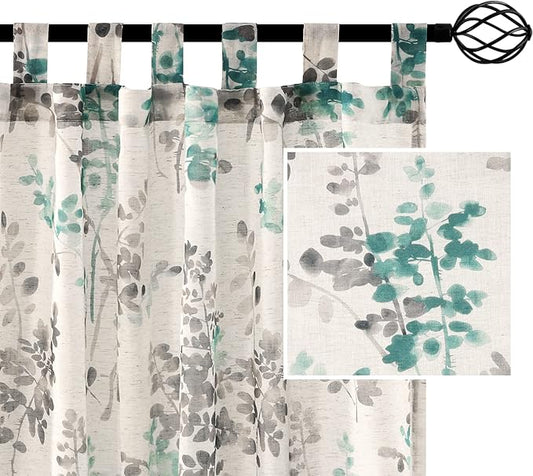 H.VERSAILTEX Linen Sheer Curtains for Living Room Sheer Panels 84 Inches Long Light Filtering Tab Top Window Treatment Drapes for Bedroom, 2 Panels, Vintage Classical Floral Print Turquoise and Taupe