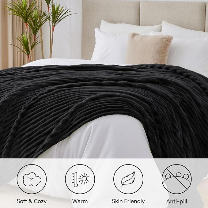 BEDELITE Blankets Queen Size for Bed, 300GSM Soft & Warm Fleece Blanket, Decorative and Giftable Striped Black Blankets for Women, Men, 90"x90"