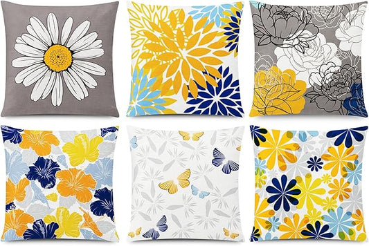 Yellow Blue Throw Pillow Covers 20x20 Set of 6, Daisy Dahlia Flower Pillow Cover, Decorative Square Cushion Cover, Farmhouse Pillowcase for Sofa Bedroom Living Room Farmhouse Home Decor