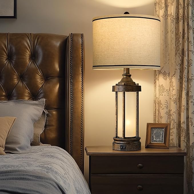 25'' Table Lamp for Living Room Bedroom Farmhouse Metal Lamps with 2 USB Ports, Built-in Frosted Glass Night Light Vintage Industrial Nightstand Bedside End Lamp, 2 Bulbs Included, Bronze