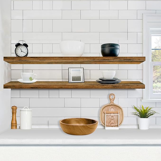 Sorbus Floating Shelves for Wall - 55 Inch Extra-Long Bathroom Shelves, Wall Decor for Bedroom, Kitchen, Living Room, Book Storage - Mounted Floating Shelf with Hidden Brackets (Rustic Brown, 2 Pack)