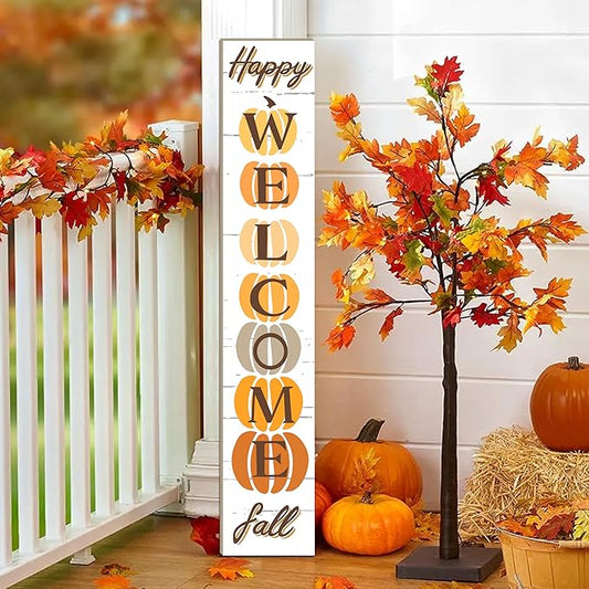 Fall Wooden Porch Sign 47" Autumn Pumpkin Front Door Welcome Sign Vertical Standing Sign For Garden Home Yard Farmhouse Thanksgiving Decor