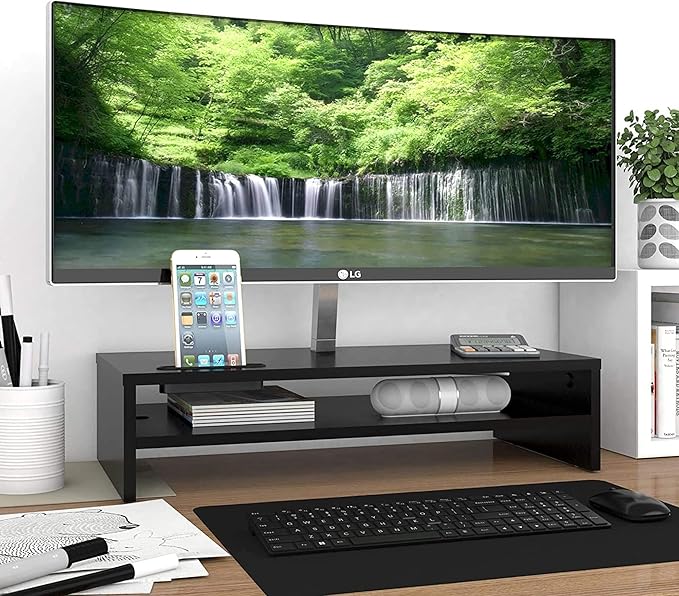 BONTEC Wood Monitor Stand Riser, 2-Tier Desktop Organizer with Storage, Ergonomic Computer Stand for Desk, Cable Management, Cellphone Holder, 21.3 Inch Shelf, Black