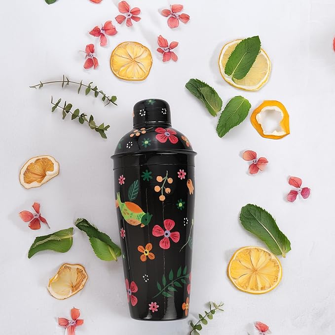 Artisanal Hand Painted Vintage Black 24 oz Cocktail Shaker – Stainless Steel Drink Mixer for Margaritas, Cocktails & Liquor – Floral Stylish Bartender Shaker Tool for Professionals & Home Bars
