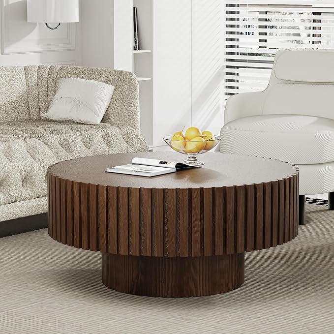 Modern Wood Round Coffee Table - Handcraft Drum Coffee Tables with Sturdy Base, Easy Assembly, Contemporary Style Small Coffee Table Tea Table for Living Room, Bedroom, Office (Brown Round)