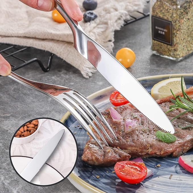 Lemeya 24-Piece Silverware Set for 6,Heavy Duty 18/10 Stainless Steel Cutlery Set with Forged Stand Knife,Modern Flatware Utensils Set,Forks Spoons and Knives Set,Mirror Polished,Dishwasher Safe