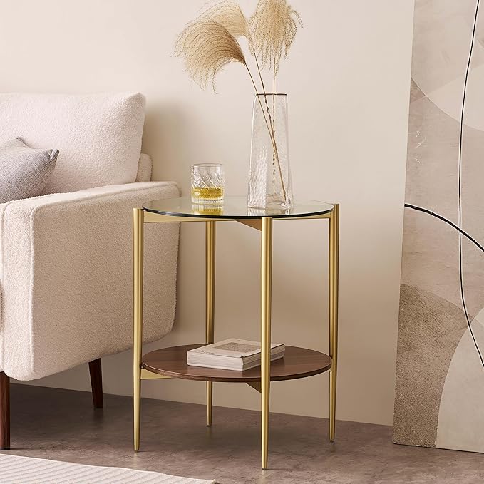 Round Glass End Table, Mid-Century Modern Design Sofa Table for Living Room, D18 x H23, 2-Tier Structure, Clear Glass Top and Walnut Shelf, Sleek Conical Legs with Gold Finish Frame