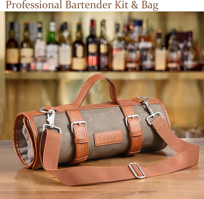 Travel Bartender Kit – 22-Pc Bartending Kit with Bar Tools Bartender Accessories, Waxed Canvas Tool Bag – Professional Stainless Steel Bar Tools Set with Standard Jigger, Unbreakable Squeezer