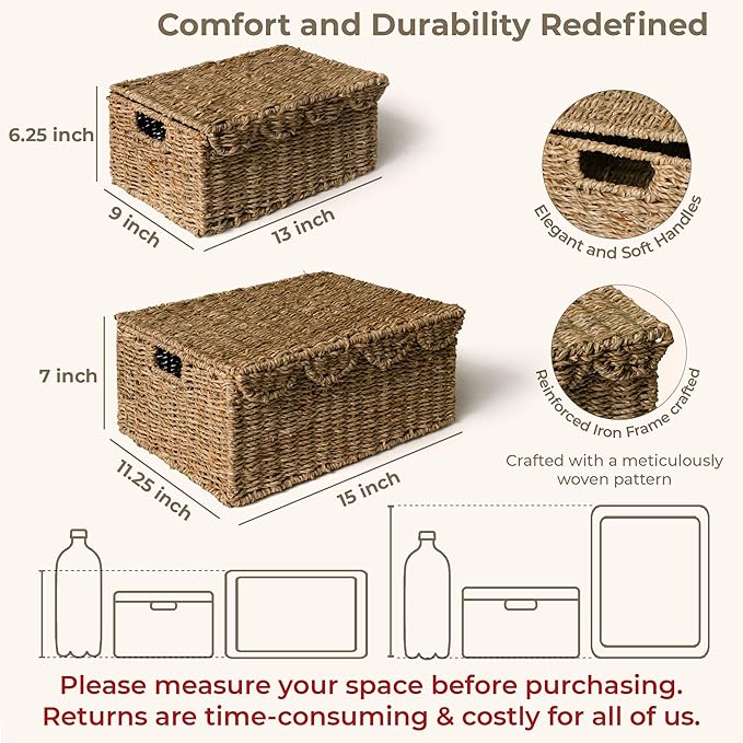 KOKODO Set of 2 Scalloped Wicker Baskets – Handwoven Rectangular Seagrass Storage Baskets with Lid and Handles for Organizing, Bathroom, Living Room & Shelf Décor – Decorative Rattan Organizing Bins