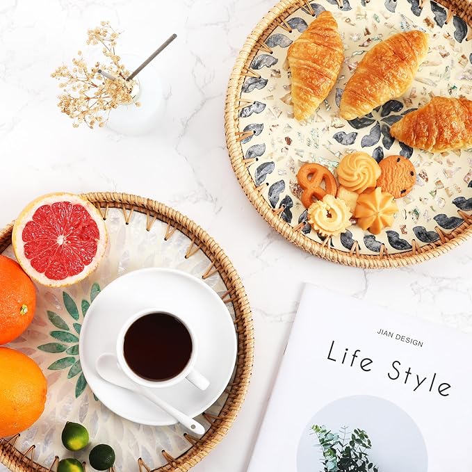 14" Large Rattan Serving Tray with Mother of Pearl, Round Coffee Table Tray Decor, Boho Decorative Round Hand-Woven Wicker Home Decor (Galaxy Blue)