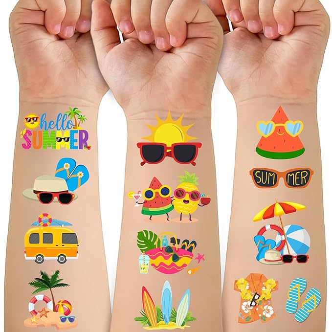 50 PCS Summer Party Temporary Tattoos for Kids, Hawaiian Luau Themed Tattoos for Birthday Party Supplies Pool Party Tropical Beach Tattoo Stickers for Kids Boys Girls Party Bag Filler