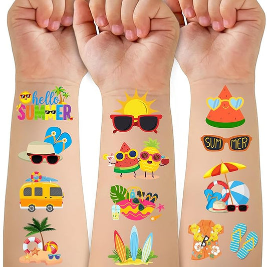 50 PCS Summer Party Temporary Tattoos for Kids, Hawaiian Luau Themed Tattoos for Birthday Party Supplies Pool Party Tropical Beach Tattoo Stickers for Kids Boys Girls Party Bag Filler