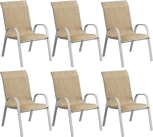 Amopatio Patio Chairs Set of 6, Stackable Dining Chairs for All Weather, Silver Outdoor Chairs Garden Outdoor Furniture for Backyard Deck, Beige