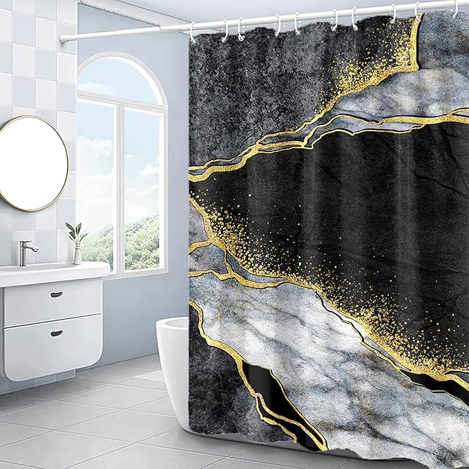 Domoku Black Gold Marble Shower Curtain, Modern Abstract Design, Waterproof Washable Fabric, 72 X 72