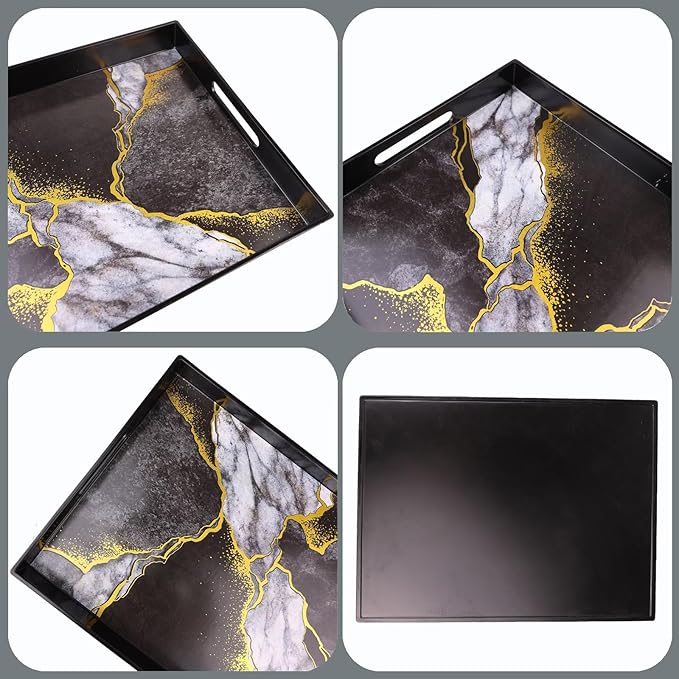 Marble Black Decorative Tray for Coffee Table, Ottoman, Rectangular Plastic Serving Platter Tray with Handles for Entertaining, Outdoor Patio, Living Room Counter, 15.7”*11.8”*1.6”