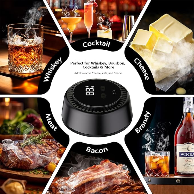Electric Whiskey Smoker Kit with RGB Light, Built-in Lighter, Rechargeable Cocktail Smoker Kit with 6 Wood Chips, Old Fashioned Drink Smoker for Bourbon, Whiskey Gifts for Men (Black)