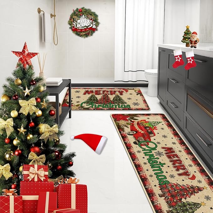 Christmas Trucks Tree Kitchen Rugs and Mats Non Skid Washable Set of 2, Xmas Kitchen Mats for Floor Decor
