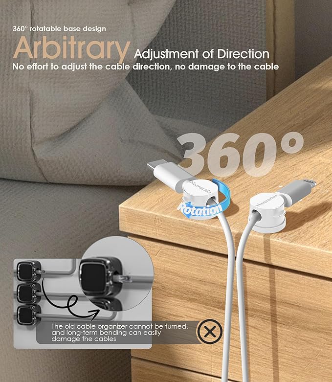 8 Pack Magnetic Cord Organizer [Locking Cable Rotatable] Cable Clips, Nearockle Upgraded Strong Magnetic Cord Holder, Adhesive Wire Keeper Cable Management for Desk,Car,Nightstand,Office,Home(White)