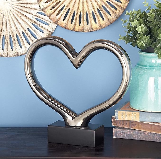 Deco 79 Ceramic Heart Decorative Sculpture Home Decor Statue with Black Base, Accent Figurine 13" x 3" x 12", Silver