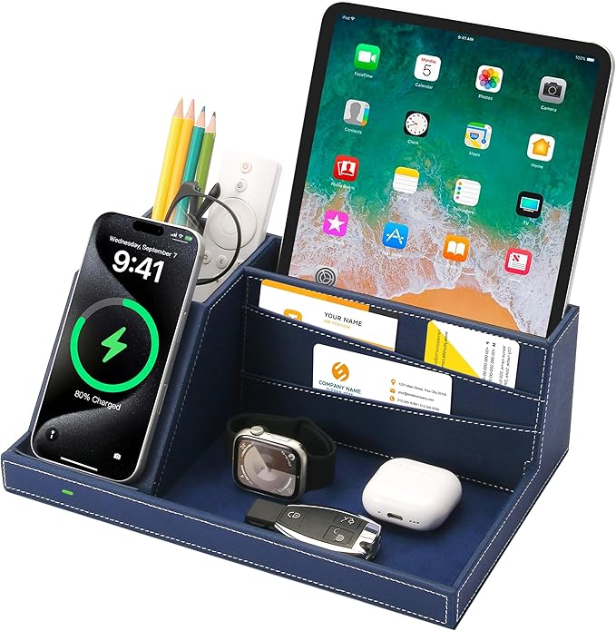 Desk Organizer with Charging Station, Nightstand Organizer Phone Docking Station, Men Gift Husband Wife Anniversary Dad Birthday Nightstand Purse Father Graduation Male Travel Idea Gadgets