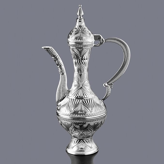 Alisveristime Small Decorative Zamac Ewer – Miniature Ottoman-Inspired Ornate Pitcher with Lid for Home Décor (8.27” x 4.72” x 2.76”) (Silver)