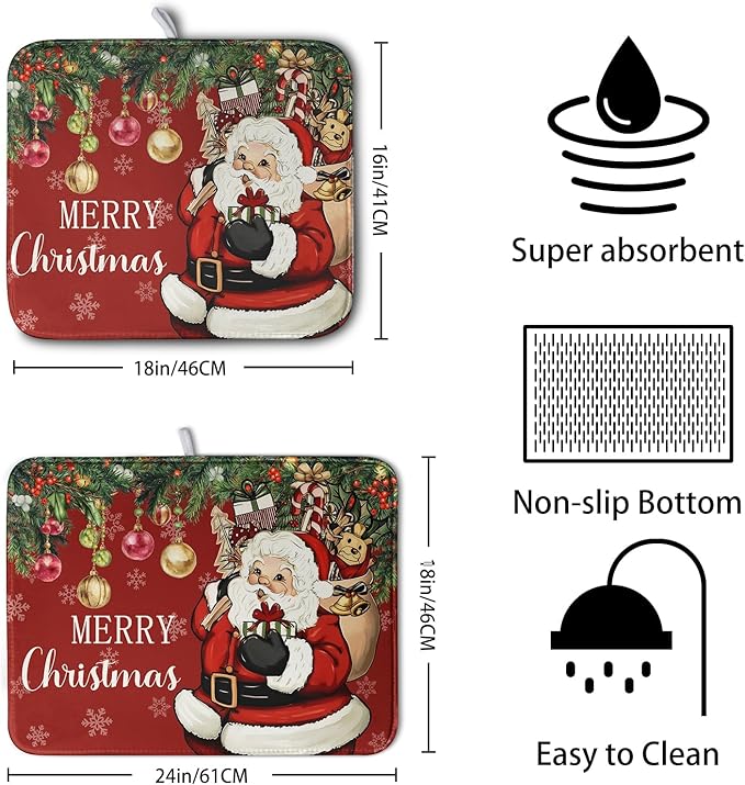 Merry Christmas Dish Drying Mat Santa Claus Kitchen Drainer Mats Microfiber Absorbent Winter Xmas Holiday Dishes Pad Reusable Dish Rack Mat for Countertop Tableware Decor 18x24 Inch