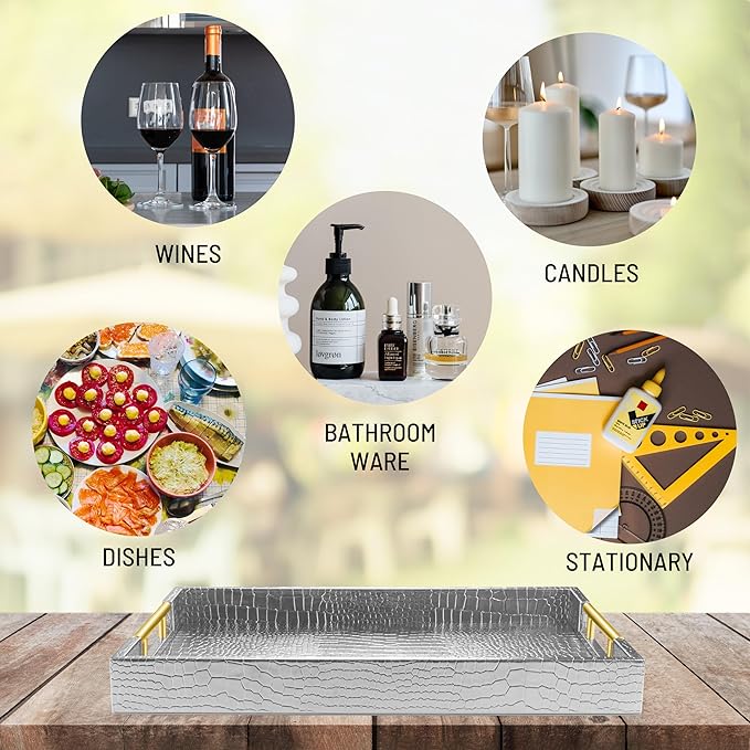 17" x 12" Wood Serving Tray with Gold Polished Metal Handles, Home Decorative Wooden Rectangle Ottoman Leather Decor Platter Bathroom Vanity Tray for All Occasions Alligator Silvery