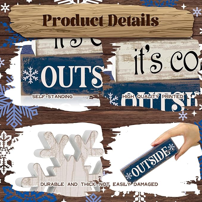 4 Pcs Winter Wooden Tabletop Decor Snowflake Tiered Tray Decor Winter Centerpiece Rustic Snow Block Signs Farmhouse Table Shelf Decoration for Home Office Party