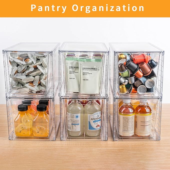 4Pack Large Stackable Storage Drawers,Clear Acrylic Organizers with Handle,Easily Assemble for Kitchen Undersink,Bathroom,Cabinet,Makeup,Closet,Medicine,Pantry Organization Bins
