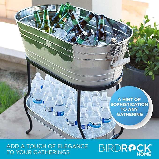 BIRDROCK Home Stainless Steel Beverage Tub with Stand - Bottom Tray - Ice Bucket - Party Drink Holder - Wooden Handles - Outdoor or Indoor Use - Free Standing