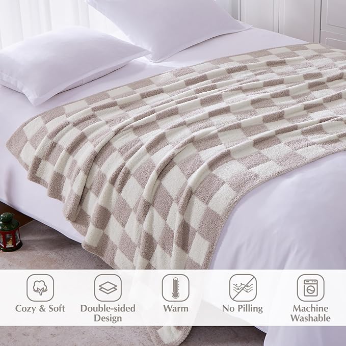 WRENSONGE Fall Checkered Throw Blanket, Taupe Soft Cozy Fluffy Warm Throw Blankets for Couch, Sofa, Chair, Bed, Camping, Picnic, Office,Travel Lightweight Bed Blanket - 50"*70"