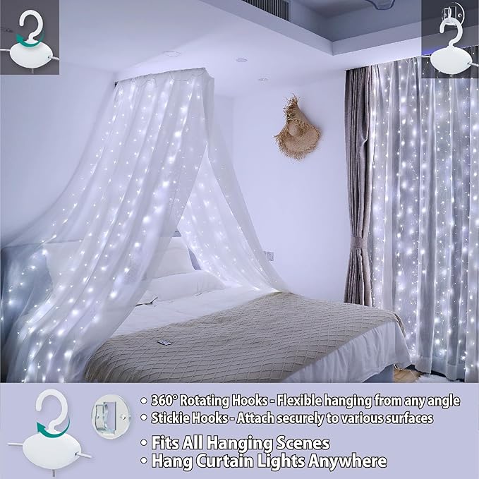 HXWEIYE 300LED Fairy Curtain Light (Upgrade Two Kinds of Light Clips) with Remote 8 Modes Times，9.8x9.8Ft White USB Plug-in Christmas Hanging String Light for Bedroom, Parties, Walls, Windows