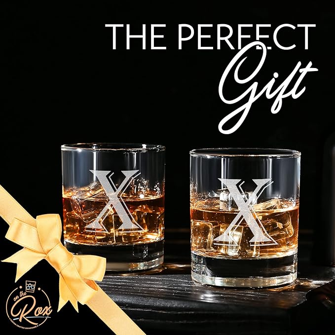 (X-Monogram)- 4 Piece Set of 11 Ounce Engraved Heavy Base Rocks Glasses- Quality Elegant Glass-Multi-Purpose Beverage-Rocks Glass- For any Occasion- By: On The Rox