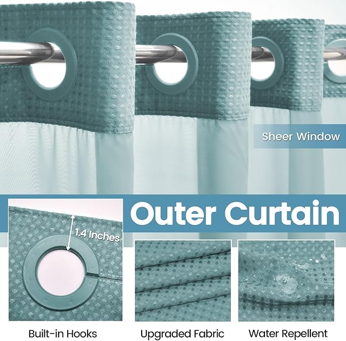 Teal Stall No Hook Shower Curtain with Snap in Liner,230GSM Waffle Weave Shower Curtains for Bathroom,54W x 80H