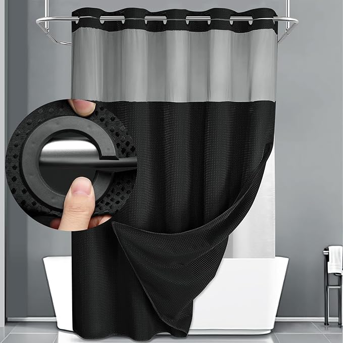 YellyHommy No Hook Shower Curtain with Snap in Liner Set Less Time Black Waffle Shower Curtain for Bathroom 75" L x 78" W