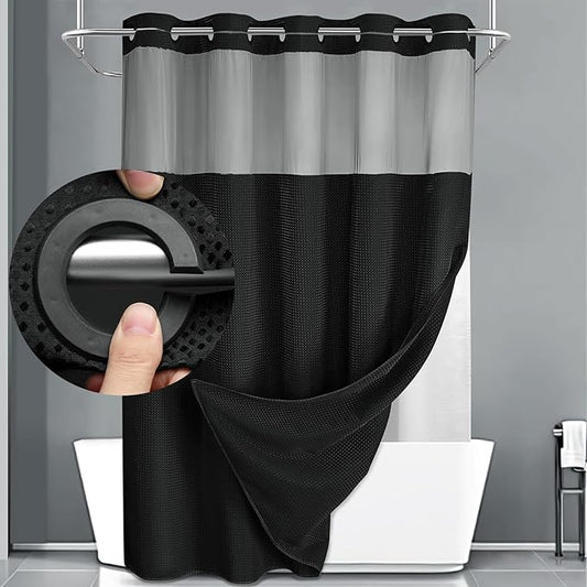 YellyHommy No Hook Shower Curtain with Snap in Liner Set Less Time Black Waffle Shower Curtain for Bathroom 75" L x 78" W