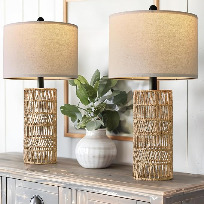 OYEARS 22.5" Boho Table Lamps Set of 2 for Living Room, Bedside Lamp for Nightstands, Rattan Lamp for Bedroom, Farmhouse Table Lamp for Room Decor, End Table, Retro, Brown（Not Include Bulbs）
